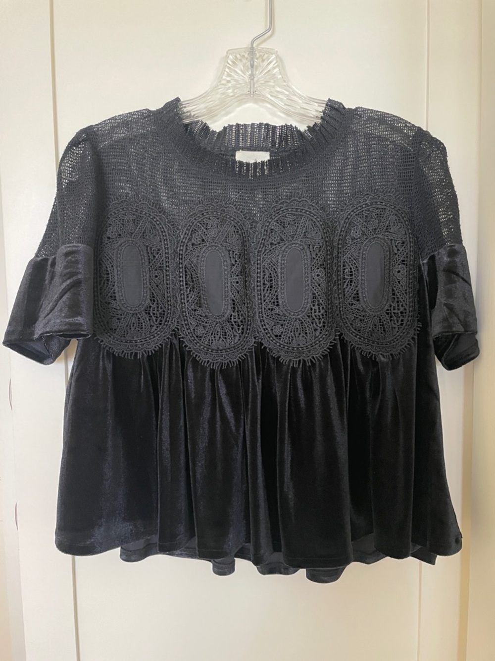 NWT Anthropologie Black Velvet & Crochet Short Sleeve Blouse